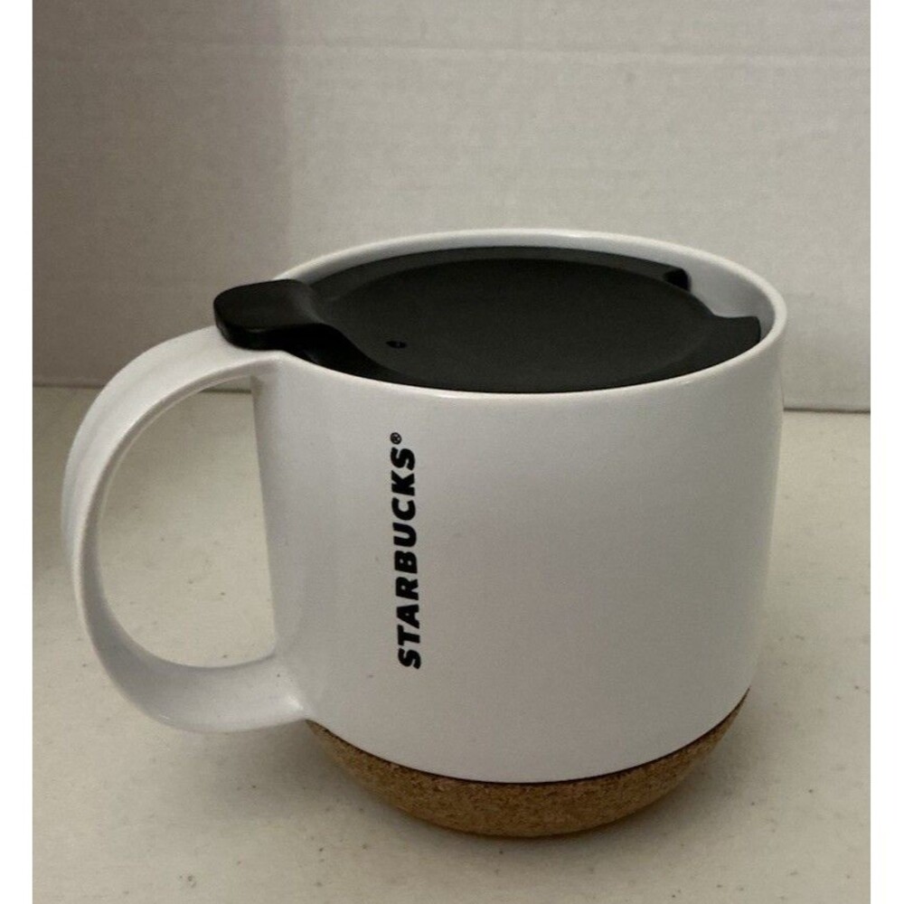 Starbucks Coffee Mug 2013 White w/Black Travel Lid Cork Bottom 12 OZ Retired